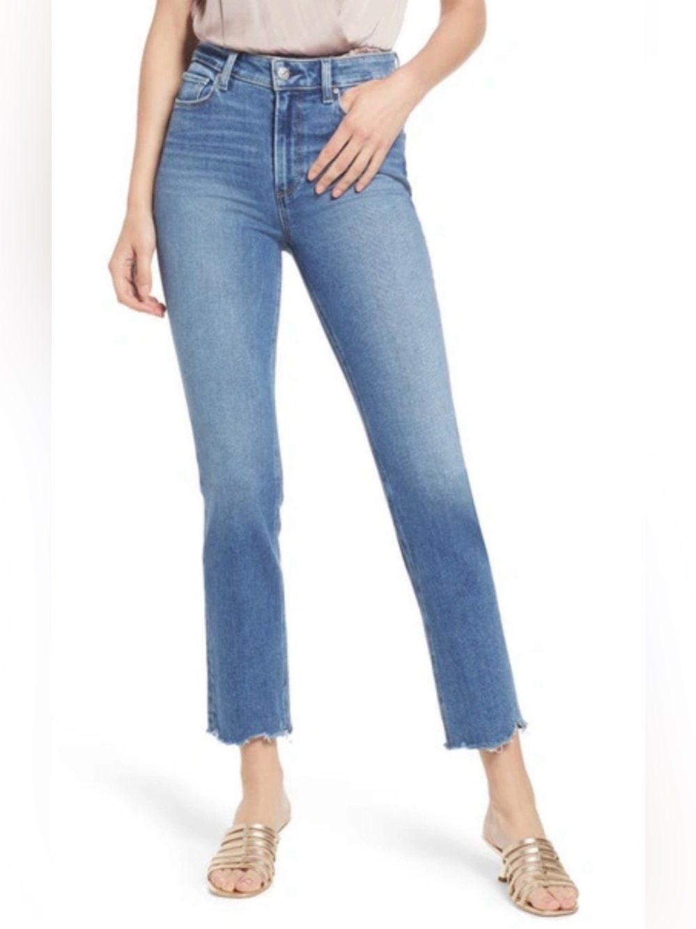 PAIGE Cindy Jeans In Roxanne Wash High-Rise Cropped Straight Jeans, Raw Hem, 25